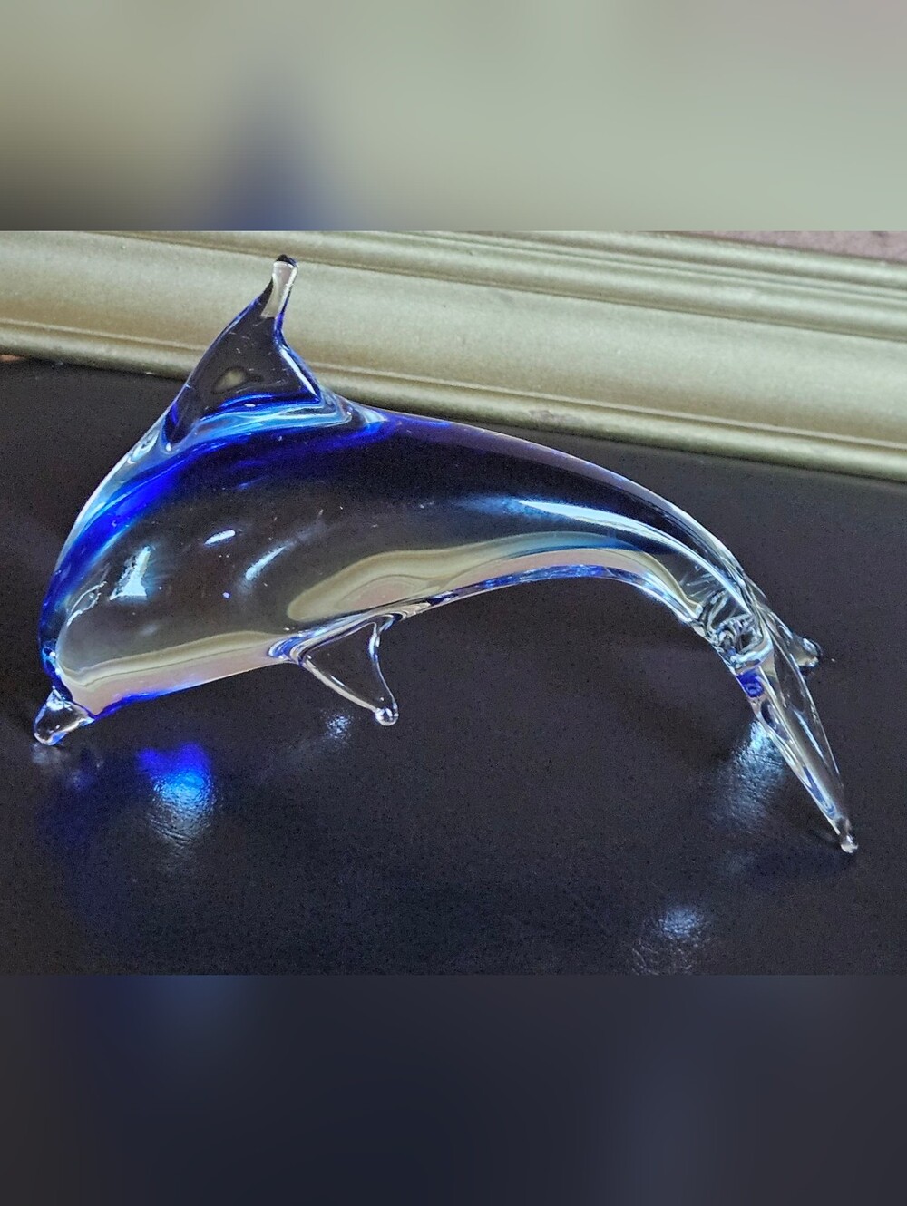 Vintage Hand Blown Glass Dolphin Blue Clear Polished Bottom 6.2 Inch Figurine